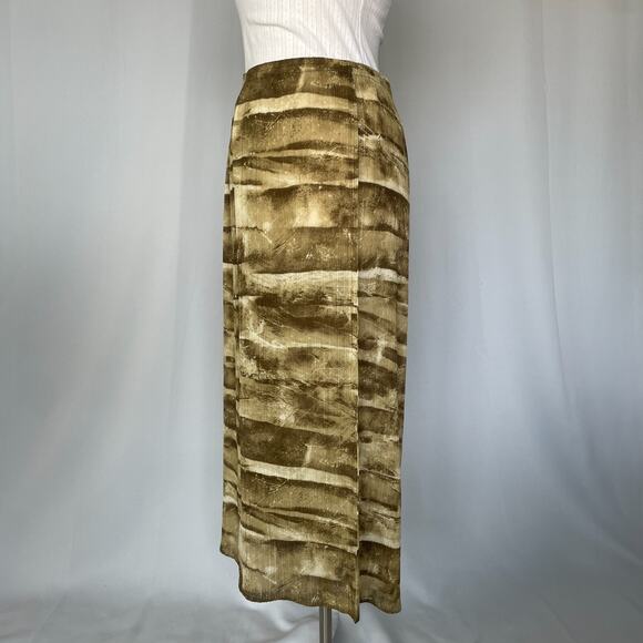 Boho Midi Skirt Size Small Green Brown Abstract Crinkle Pleated Fairy Whimsigoth - Picture 6 of 13